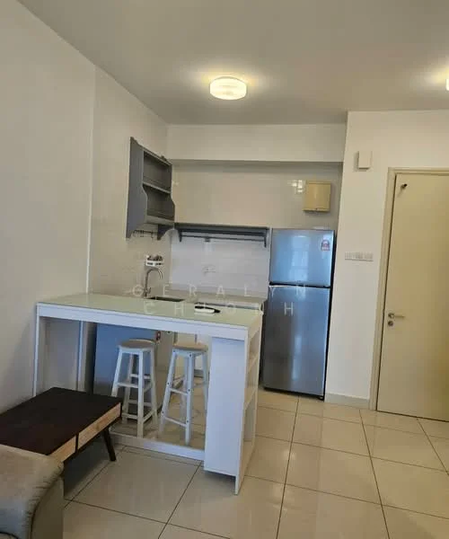 Kitchen features: white painted walls, glossy tile flooring, white cabinetry, stainless-steel fridge, built-in oven, single-bowl stainless-steel sink, chrome pull-down faucet, countertop with breakfast bar, two bar stools, recessed ceiling lights; style: modern.