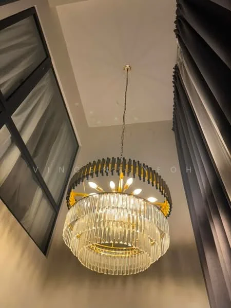 Room features: chandelier with crystal elements, gold accents on chandelier, high ceiling, dark curtains, large windows, neutral wall color, recessed ceiling lights; style: modern.