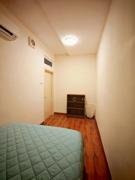 Bedroom features: wooden flooring, cream painted walls, ceiling light, 1 wall-mounted split AC, single bed, bedside table, built-in wardrobe, door, window.