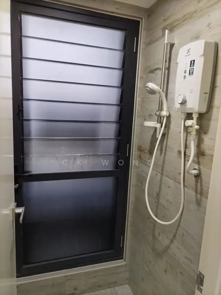 Bathroom features: shower with handheld showerhead, wall-mounted shower mixer, black framed window, wood paneling on walls, white tiled flooring, water heater unit, glass shower enclosure, chrome fixtures; style: modern.