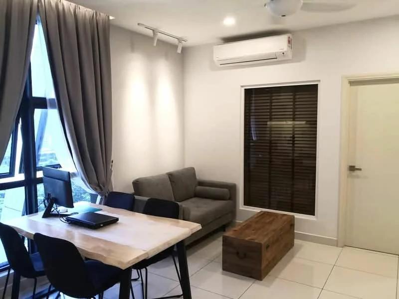 Living features: grey fabric sofa, wooden coffee table, dining table with 4 black chairs, floor-to-ceiling windows, sheer curtains, recessed downlights, wall-mounted split AC, white painted walls, glossy tile flooring; style: modern; view: city.