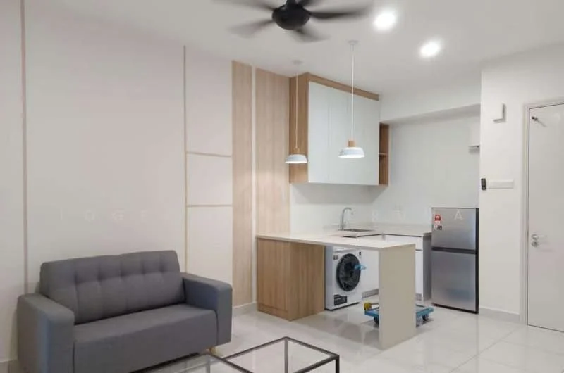 Living features: grey fabric 3-seater sofa, white painted walls, light wood cabinetry, white upper cabinets, stainless-steel fridge, built-in washing machine, white countertop, pendant lighting, ceiling fan, ceramic tile flooring, open-plan layout; style: modern.