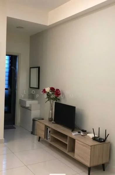 Living features: white painted walls, glossy white tile flooring, wooden TV console, wall-mounted TV, decorative mirror, vase with flowers, router, cable box; style: modern. Room features: doorway leading to another room, light fixture on ceiling.