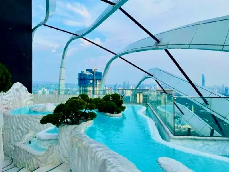 Exterior type: high-rise condominium; features: infinity pool, pool deck with loungers, landscaped garden with bonsai trees, glass railing, modern architectural design with curved roof, city skyline view, water feature, outdoor seating area; style: modern.