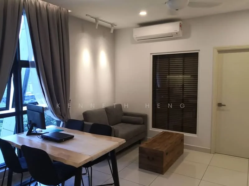 Living features: grey fabric sofa, wooden coffee table, dining table with four black chairs, floor-to-ceiling windows, sheer curtains, recessed downlights, wall-mounted air conditioning unit, tile flooring; style: modern; view: garden.