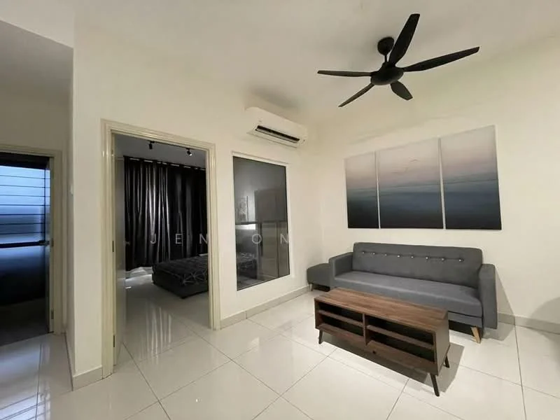 Living features: grey fabric sofa, wood coffee table with storage, 5-blade ceiling fan with light, wall-mounted split AC, white painted walls, glossy tile flooring, framed artwork on wall, floor-to-ceiling glass panel, blackout curtains, recessed lighting; style: modern. Room features: white painted walls, glossy tile flooring, doorway leading to another room.