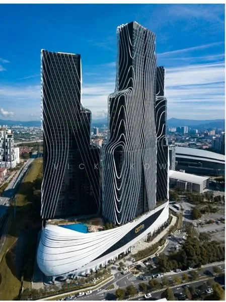 Exterior type: high-rise condominium; features: unique wavy facade, black and white exterior cladding, multiple towers with varying heights, infinity pool visible on lower level, landscaped area at base, surrounding urban environment, parking area visible, modern architectural design; style: contemporary.