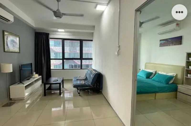 Living features: grey accent wall, white painted walls, polished tile flooring, 5-blade ceiling fan with light, floor-to-ceiling windows, blackout curtains, sofa bed in blue fabric, coffee table in black, TV console in white, wall-mounted TV, decorative artwork on wall; style: modern; view: city. Bedroom features: queen-size bed with upholstered headboard, bedding in turquoise, built-in wardrobe, wall-mounted air conditioning unit; style: modern.