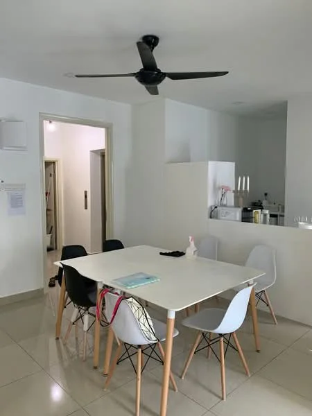 Dining features: white rectangular dining table, 6 dining chairs in various colors, ceiling fan, white walls, tile flooring, open kitchen area visible, kitchen cabinetry, light-colored countertops; style: modern. Room features: doorway leading to hallway, light-colored walls, tile flooring.