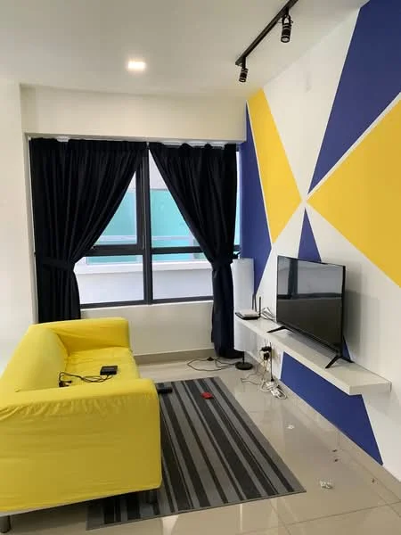 Living features: yellow fabric sofa, black curtains, geometric accent wall with blue and yellow, wall-mounted TV, white floating TV console, striped area rug, recessed ceiling lights, glossy tile flooring; style: modern.