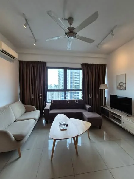 Living features: 3-seater fabric sofa in beige, L-shape sectional in brown, coffee table with wooden legs, wall-mounted TV, TV console in light wood, floor-to-ceiling windows, curtains in dark brown, ceiling fan with light, recessed downlights, polished tile flooring, decorative wall art; style: modern; view: city.