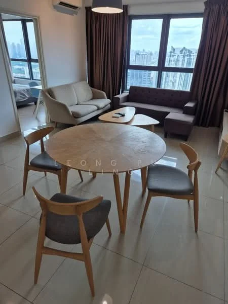 Living features: 3-seater fabric sofa in light beige, 2-seater fabric sofa in dark brown, round wooden dining table, 4 wooden dining chairs with grey upholstery, floor-to-ceiling windows, curtains in dark brown, tile flooring, air conditioning unit on wall, decorative coffee table, wall-mounted TV, area rug; style: modern; view: city.