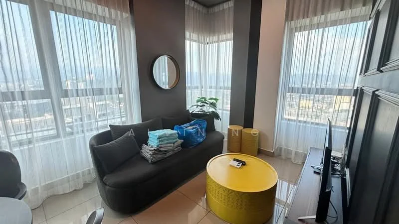 Living features: curved grey fabric sofa, yellow round coffee table, floor-to-ceiling windows, sheer white curtains, decorative mirror, potted plant, stack of towels, TV console, wall-mounted TV, ceramic tile flooring; style: modern; view: city.