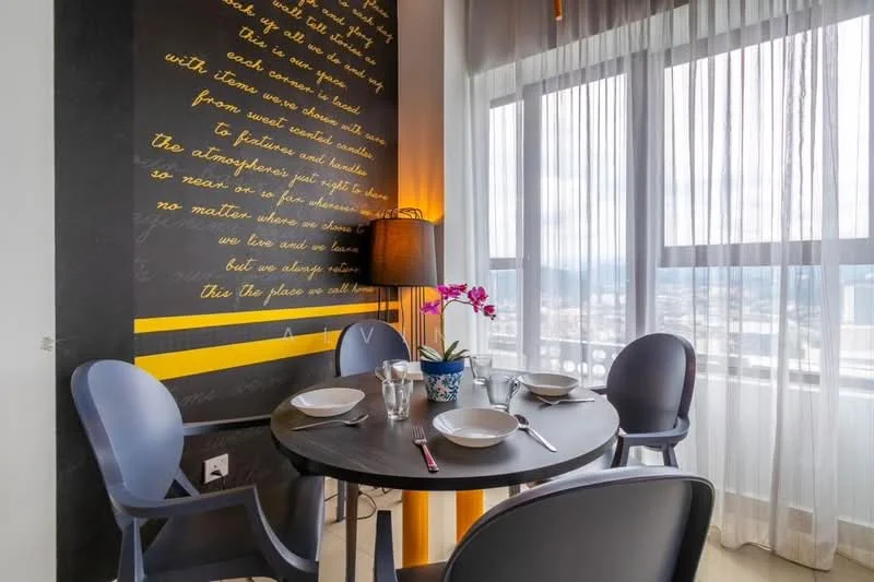 Dining features: round dining table, 4 dining chairs, decorative lamp, wall with text design, floor-to-ceiling windows, sheer curtains, decorative plant, table setting with plates and glasses; style: modern; view: city.