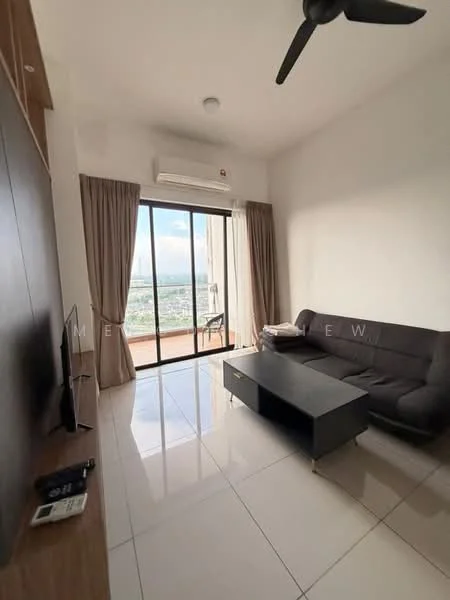 Living features: black fabric sofa, coffee table, wall-mounted TV, TV console, floor-to-ceiling sliding glass door, curtains, white painted walls, glossy tile flooring, ceiling fan, air conditioning unit; style: modern; view: city.