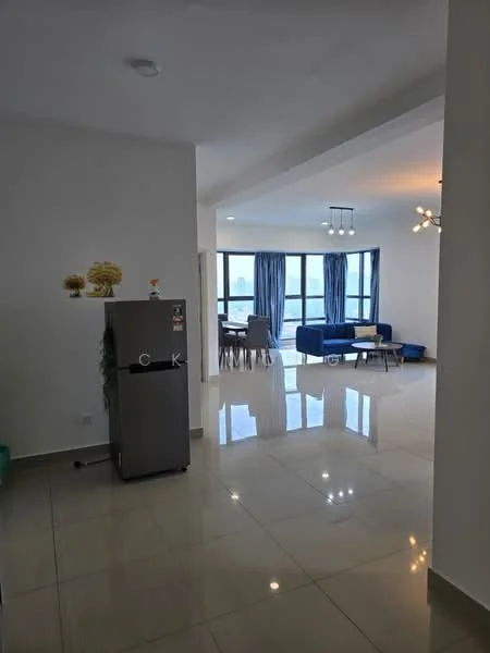 Living features: large floor-to-ceiling windows, blue fabric sofa, grey armchair, wooden dining table with chairs, recessed ceiling lights, white painted walls, glossy tile flooring, decorative wall art, green potted plant, refrigerator, curtains in blue, open layout; style: modern; view: city.