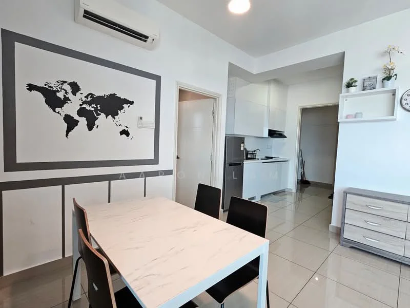 Dining features: white marble dining table, 4 black dining chairs, wall-mounted clock, grey accent wall with world map, air conditioning unit, ceramic tile flooring, built-in cabinetry, open kitchen layout; style: modern. Kitchen features: white cabinetry, stainless-steel appliances, black countertop, kitchen sink, built-in stove, microwave, ceramic tile flooring; style: modern.