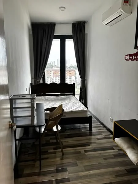 Bedroom features: queen-size bed, wooden bed frame, floor-to-ceiling windows, grey curtains, air conditioning unit, wood laminate flooring, study desk, wooden chair, TV mounted on wall, decorative wall shelf; style: modern; view: city.