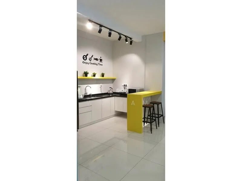 Kitchen features: black granite countertop, white shaker cabinets, stainless-steel sink, chrome pull-down faucet, built-in stove, recessed downlights, open shelving, bar counter with yellow accent, stool seating, white tiled backsplash, ceramic tile flooring, decorative wall art, potted plants; style: modern.