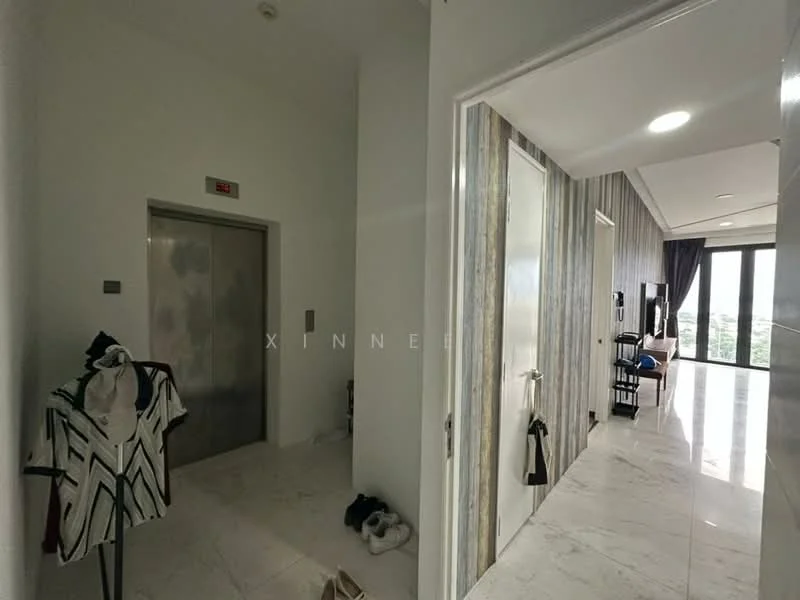 Room features: white painted walls, marble tile flooring, elevator access, door to room, striped wallpaper, floor-to-ceiling windows, curtains, light fixtures; style: modern; view: city.