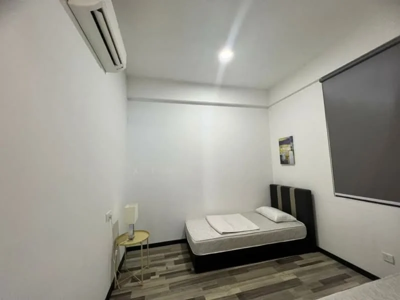 Bedroom features: single bed, upholstered headboard, wall-mounted split AC, recessed downlights, white painted walls, laminate flooring, black window frame, roller blinds, decorative artwork, nightstand, lamp; style: modern.