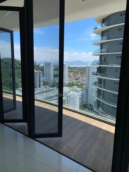 Room features: floor-to-ceiling windows, sliding glass door, city skyline view, white walls, light-colored flooring, balcony access; style: modern; view: city.