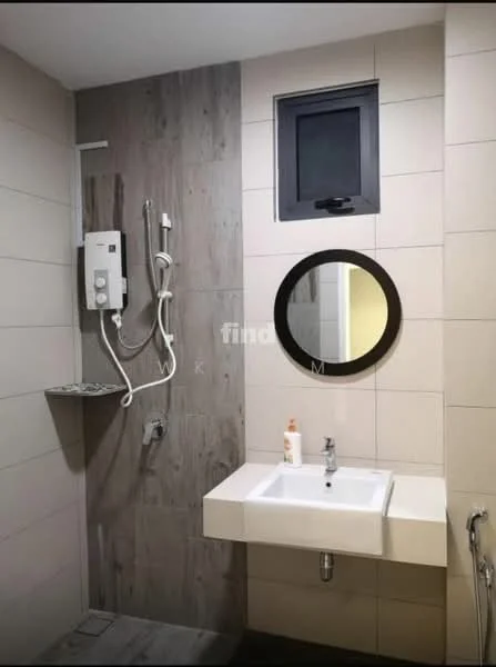 Bathroom features: single-sink vanity with white cabinet, chrome basin mixer faucet, round mirror, shower with handheld showerhead, wall-mounted shower control, grey tiled walls, wooden accent wall, window for natural light, tile flooring; style: modern.