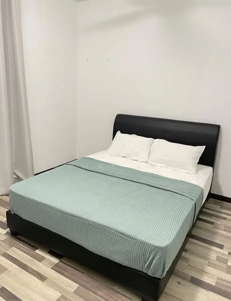 Bedroom features: king-size bed with black leather headboard, white bedding with two pillows, light green checkered bedspread, wooden flooring, white painted walls, curtains in light grey, minimalist decor; style: modern.