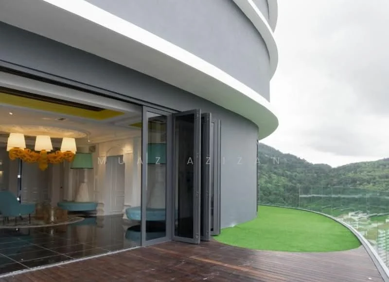 Room features: floor-to-ceiling windows, sliding glass door, curved balcony, green grass flooring, wooden decking, modern light fixtures, decorative ceiling with yellow accents, mountain view; style: modern; view: mountain.