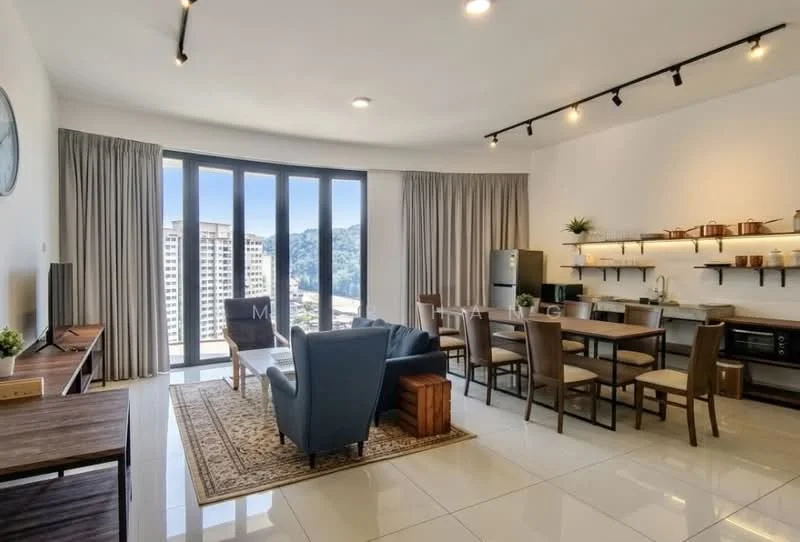 Living features: floor-to-ceiling windows, grey curtains, white walls, recessed LED downlights, 3-seater fabric sofa in blue, wooden coffee table, area rug with geometric pattern, TV console, wall-mounted TV, dining table with 6 chairs, open shelving, refrigerator, microwave; style: modern; view: city.