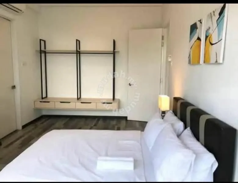 Bedroom features: queen-size bed with white bedding, upholstered headboard, wooden flooring, built-in wardrobe with open shelving, wall-mounted light fixture, abstract artwork on wall, white painted walls, sliding door, window with natural light; style: modern.