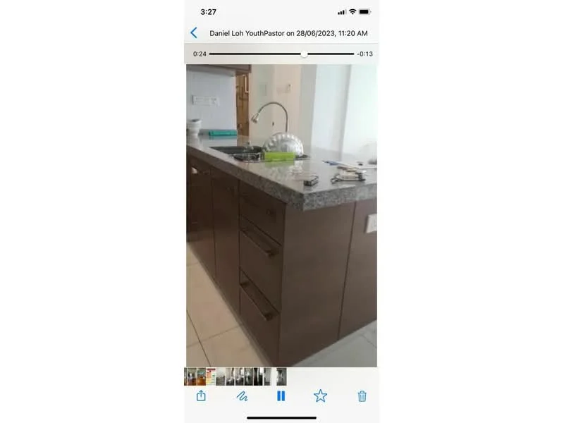Kitchen features: granite countertop, brown cabinetry, stainless-steel sink, chrome pull-down faucet, drawer storage, tile flooring, wall-mounted cabinet, kitchen island; style: modern.