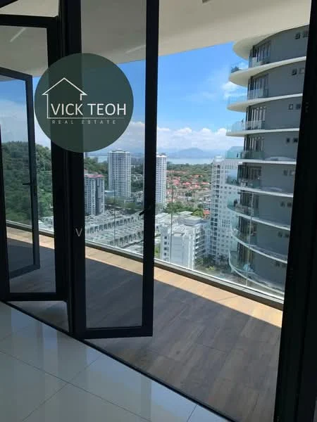 Room features: floor-to-ceiling windows, sliding glass door, city skyline view, wooden flooring, white walls, balcony, glass railing; style: modern; view: city.