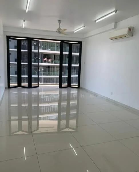 Living features: white painted walls, glossy ceramic tile flooring, 5-blade ceiling fan, floor-to-ceiling sliding glass doors, air conditioning unit, natural light from large windows, reflected light on floor, minimalist design; style: modern; view: city.