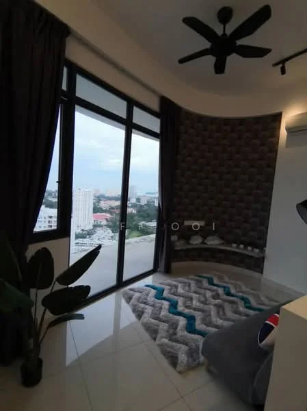 Room features: floor-to-ceiling windows, grey accent wall, recessed downlights, 5-blade ceiling fan, marble tile flooring, curtains, decorative wall shelf, area rug with geometric pattern, indoor plant; style: modern; view: city.
