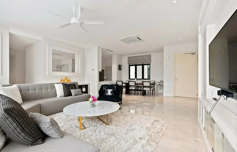 Living features: 3-seater fabric sofa in grey, marble coffee table, area rug with plush texture, wall-mounted TV, ceiling fan, recessed downlights, large windows with sheer curtains, neutral painted walls, polished marble flooring; style: modern. Dining features: 6-seater dining table, upholstered dining chairs, neutral painted walls, large windows, recessed downlights; style: modern.