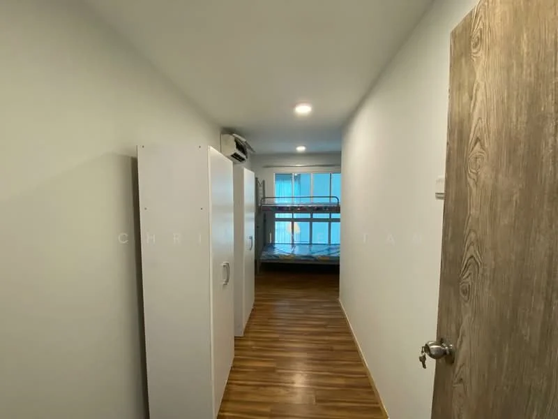 Room features: wooden flooring, white painted walls, single door, air conditioning unit, window with view, bunk bed, white wardrobe, ceiling lights; style: modern.