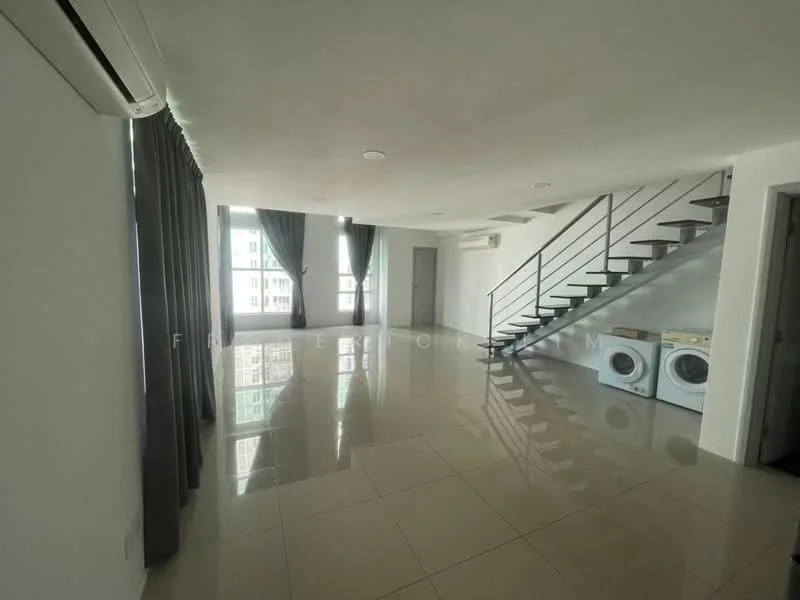 Living features: large windows with city view, grey curtains, white painted walls, polished ceramic tile flooring, exposed staircase, 2 front-load washing machines, 1 wall-mounted split AC, recessed ceiling lights; style: modern; view: city.