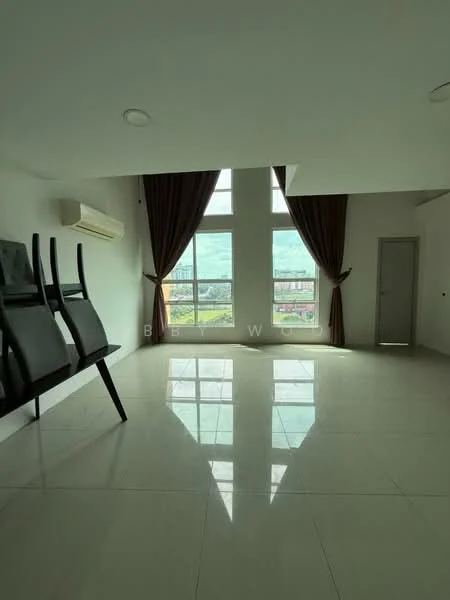 Living features: white painted walls, polished ceramic tile flooring, floor-to-ceiling windows, sheer curtains, dark brown curtains, 1 wall-mounted split AC, high ceiling, reflected light on floor; style: modern; view: city.