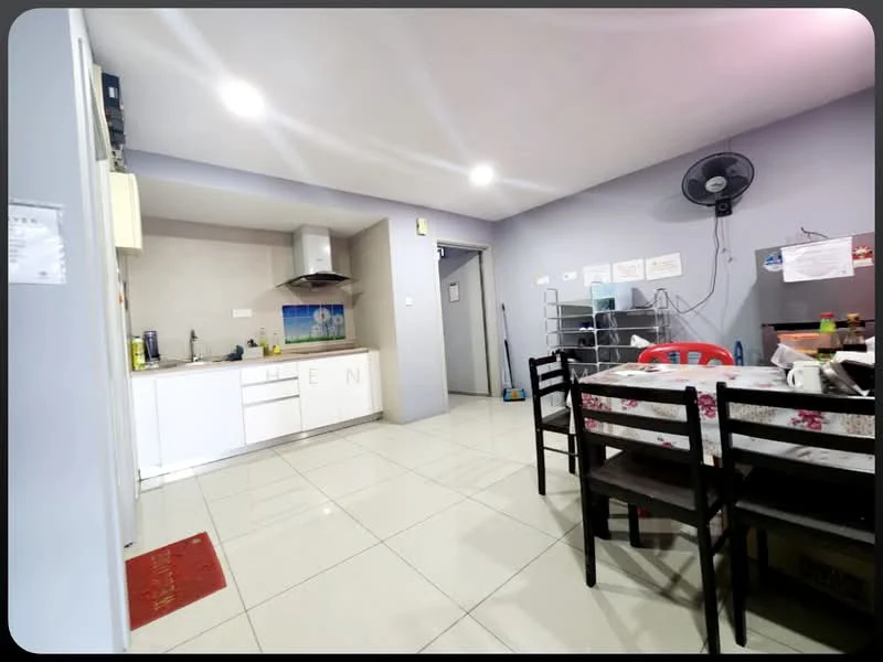 Kitchen features: white cabinetry, stainless-steel sink, chrome pull-down faucet, built-in oven, 4-burner gas hob, exhaust hood, grey tiled backsplash, ceramic tile flooring, recessed downlights; style: modern. Dining features: 6-seater dining table, black wooden dining chairs, tablecloth with floral pattern, wall-mounted fan; style: modern.