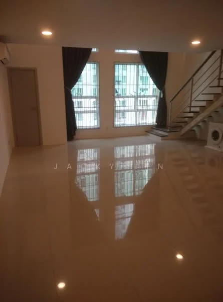 Room features: white painted walls, glossy tile flooring, floor-to-ceiling windows, curtains, staircase, air conditioning unit, laundry machine, recessed downlights; style: modern.