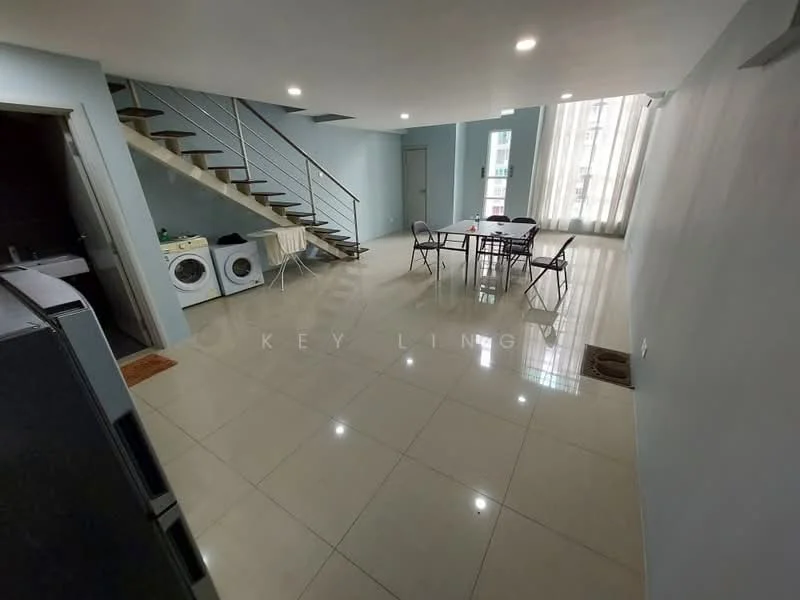 Living features: glossy ceramic tile flooring, light blue painted walls, recessed downlights, floor-to-ceiling windows, sheer curtains, dining table with four chairs, stainless-steel washing machine, built-in cabinets, staircase with metal railing, open layout, laundry area with washing machine; style: modern.