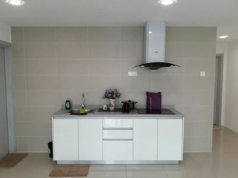 Kitchen features: white cabinetry with flat-panel doors, grey countertop, single-bowl stainless-steel sink, chrome pull-down faucet, built-in stove, stainless-steel range hood, wall-mounted cabinets, tile backsplash in light beige, decorative vase with flowers, kitchen mat on floor, flooring in glossy tile, recessed downlights; style: modern.