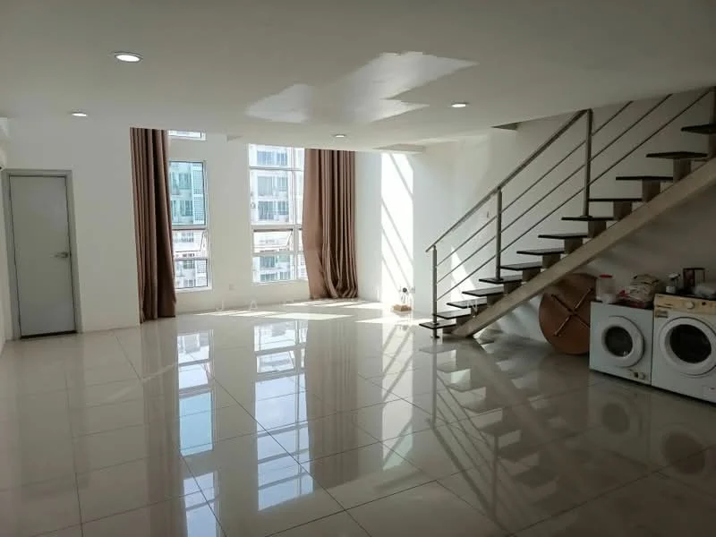 Living features: white painted walls, glossy ceramic tile flooring, large floor-to-ceiling windows, sheer curtains, staircase with metal railing, recessed LED downlights, two washing machines, natural light from windows, open layout, neutral color scheme; style: modern; view: city.
