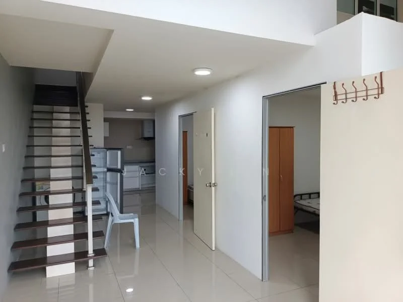 Living features: white painted walls, glossy tile flooring, staircase with wooden steps, recessed ceiling lights, open layout, doorway leading to another room, window with natural light, built-in wardrobe; style: modern. Kitchen features: white cabinetry, stainless-steel fridge, built-in oven, ceramic cooktop, countertop space, open layout to living area; style: modern. Bedroom features: single bed frame, wooden wardrobe, window for natural light, neutral wall color; style: modern.