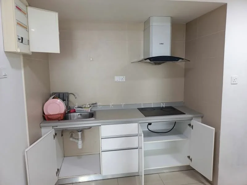 Kitchen features: single-bowl stainless-steel sink, chrome pull-down faucet, grey laminate countertop, white cabinetry with flat-panel doors, built-in range hood, tile backsplash, open shelving, under-sink storage, floor tiles, wall-mounted cabinet, kitchen appliances visible; style: modern.