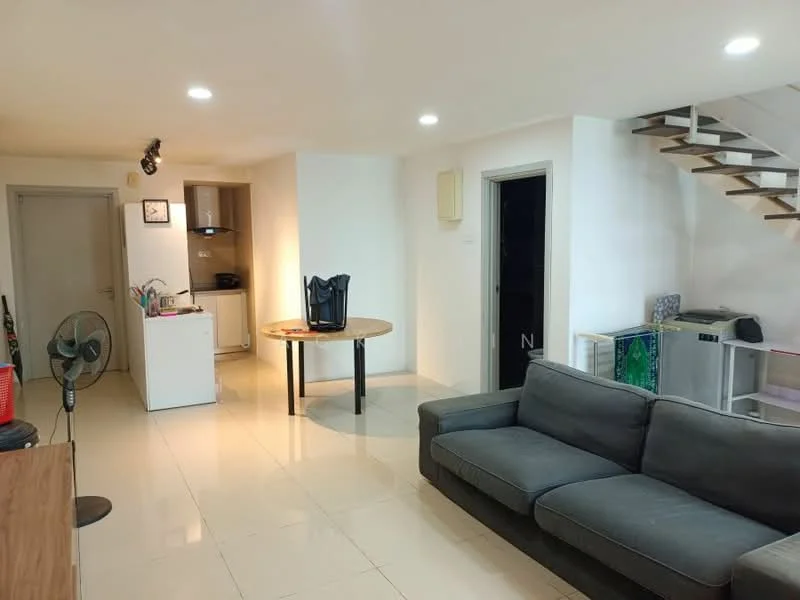 Living features: grey fabric sofa, round dining table, 4 dining chairs, wall-mounted TV, ceiling lights, white painted walls, tile flooring, fan, staircase, open layout, kitchen area visible, black door, kitchen island; style: modern. Kitchen features: white cabinetry, stainless-steel fridge, built-in oven, cooktop, countertop, sink, tile backsplash; style: modern.