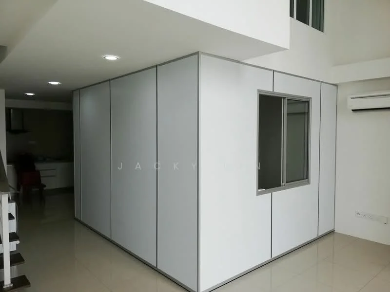 Room features: white walls, grey paneling, glossy tile flooring, recessed LED downlights, window with metal frame, air conditioning unit on wall; style: modern.