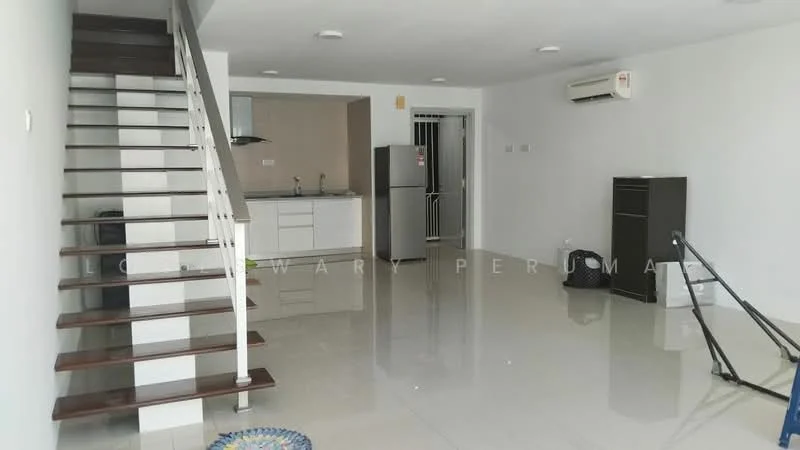 Living features: white painted walls, polished tile flooring, 5-blade ceiling fan with light, wall-mounted split AC, staircase with wooden steps and white railing, open layout to kitchen, large windows for natural light, decorative area rug, built-in cabinet, sliding glass door to outdoor area; style: modern. Kitchen features: white cabinetry, stainless-steel fridge, built-in oven, 4-burner gas hob, stainless-steel sink, chrome pull-down faucet, ceramic tile backsplash, countertop with space for appliances; style: modern.