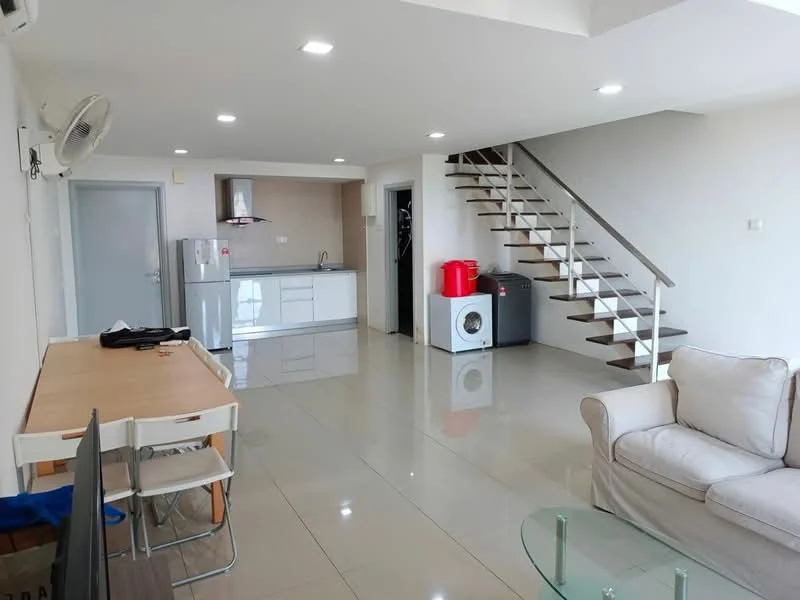 Living features: cream painted walls, white ceiling, recessed downlights, 3-seater fabric sofa in beige, glass coffee table, dining table for 4, floor-to-ceiling windows, ceramic tile flooring, 1 wall-mounted split AC, open shelving, decorative wall clock; style: modern. Kitchen features: white cabinetry, stainless-steel fridge, built-in oven, 4-burner gas hob, stainless-steel range hood, single-bowl stainless-steel sink, chrome pull-down faucet, quartz countertop, white backsplash; style: modern. Laundry features: front-load washing machine, grey cabinet, ceramic tile flooring; style: modern.